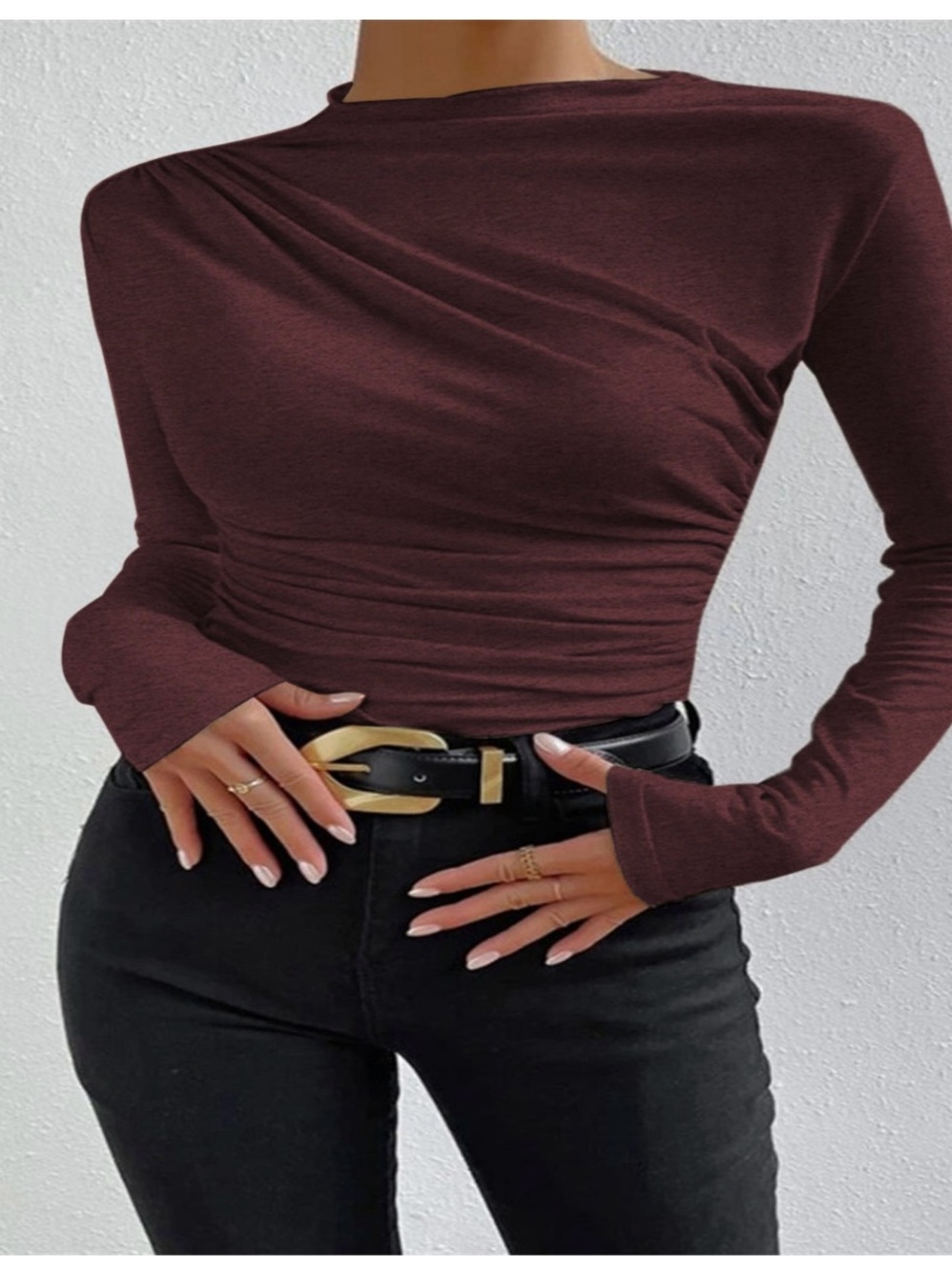 Commense Long Sleeve Ruched Crewneck Top in Burgundy